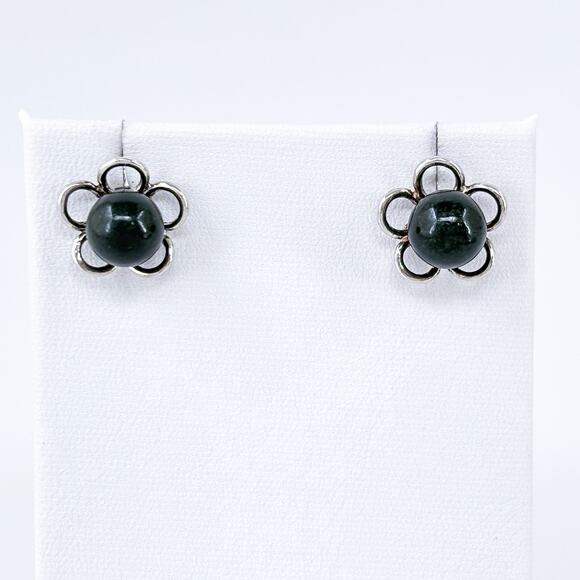 Vintage Sterling Silver 925 Black Pearl Floral Stud Earrings - Picture 2 of 8